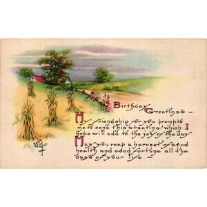 Vintage Birthday‎ Postcard Harvest Scene By Kathryn Elliott 1917 Mailed